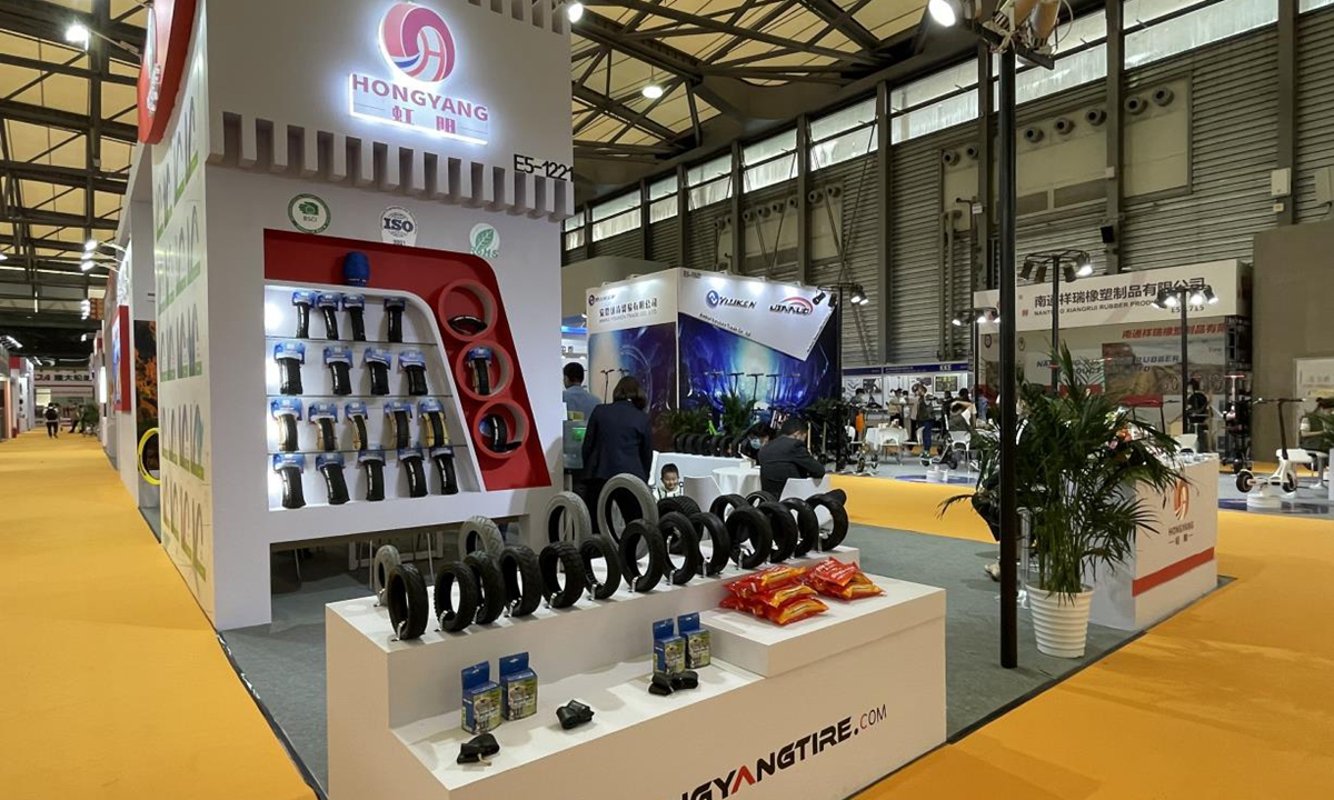 Bicycles and bicycles parts on display at the Shanghai International Bicycle Expo in Shanghai on Wednesday. Photo: Liu Caiyu/GT 