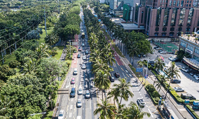 Aerial photo taken on May 3, 2021 shows the seaside avenue in Haikou, capital of south China's Hainan Province. Haikou, an important city of China's Belt and Road initiative and also a core city for the construction of free trade port in Hainan Province, will greet the first China International Consumer Products Expo. Photo: Xinhua