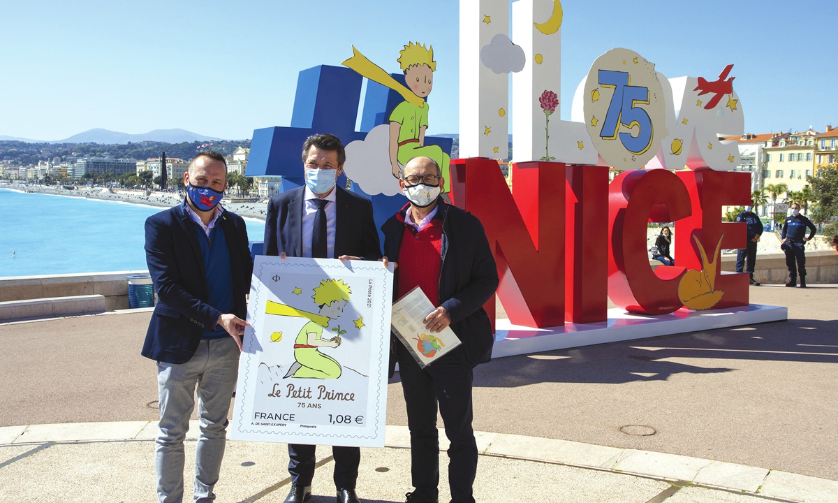 For the 75th anniversary of the first edition of The Little Prince, Nice pays tribute to the author, Antoine de Saint-ExupÃry, on the Promenade des Anglais in Nice, France on April 11, 2021. Photo: AFP