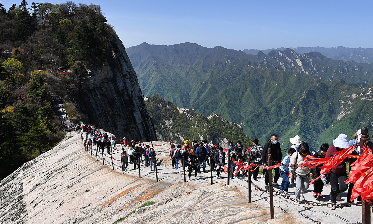 Tourists climb Huashan Mountain in Weinan, Northwest China's Shaanxi Province on Wednesday, the last day of the country's five-day May Day vacation. The tourist spot put a cap of 30,000 visits per day during the holiday due to coronavirus prevention precautions. Photo: Xinhua
