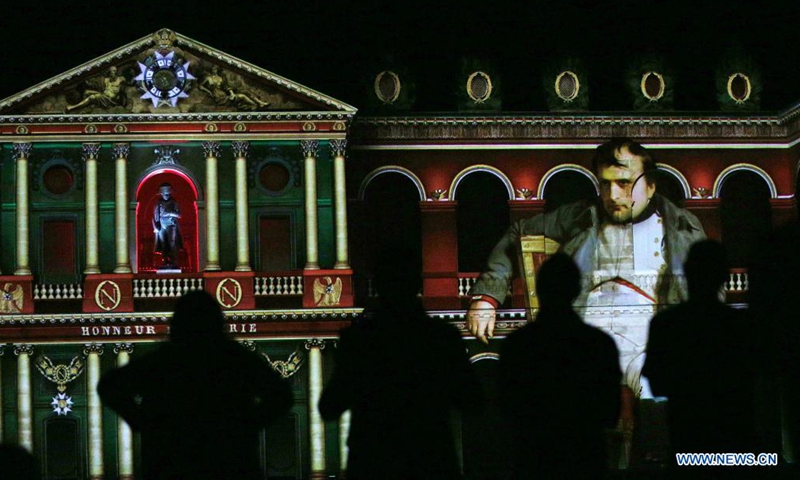 File photo taken on Aug. 21, 2019 shows a sound and light show The Night of Invalides commemorating the 250th anniversary of Napoleon Bonaparte's birth at the the military museum Les Invalides in Paris, France. France commemorated the 200th anniversary of the death of French Emperor Napoleon Bonaparte. Napoleon Bonaparte (1769-1821) died in exile on the island of Saint Helena on May 5, 1821.(Photo: Xinhua)