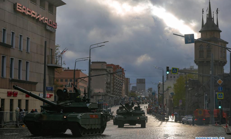Military vehicles are seen before a rehearsal of the Victory Day parade in Moscow, Russia, on May 4, 2021. Russia holds Victory Day parades in various cities on May 9.(Photo: Xinhua)