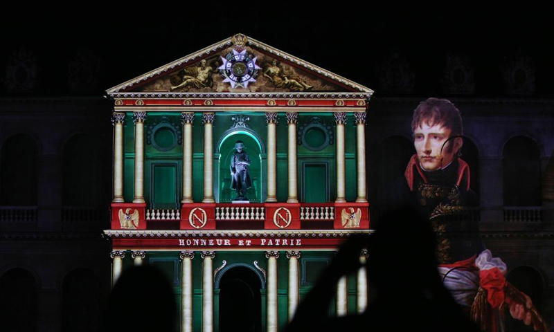 File photo taken on Aug. 21, 2019 shows a sound and light show The Night of Invalides commemorating the 250th anniversary of Napoleon Bonaparte's birth at the the military museum Les Invalides in Paris, France. France commemorated the 200th anniversary of the death of French Emperor Napoleon Bonaparte. Napoleon Bonaparte (1769-1821) died in exile on the island of Saint Helena on May 5, 1821.(Photo: Xinhua)