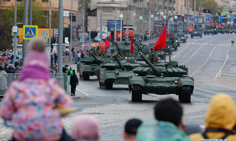 Military vehicles are seen before a rehearsal of the Victory Day parade in Moscow, Russia, on May 4, 2021. Russia holds Victory Day parades in various cities on May 9.(Photo: Xinhua)