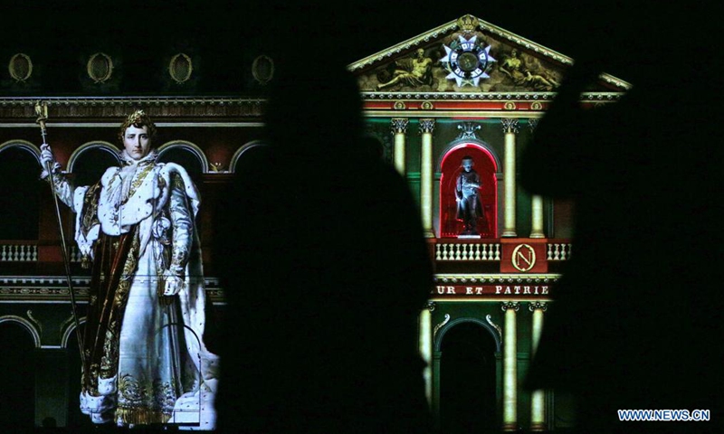 File photo taken on Aug. 21, 2019 shows a sound and light show The Night of Invalides commemorating the 250th anniversary of Napoleon Bonaparte's birth at the the military museum Les Invalides in Paris, France. France commemorated the 200th anniversary of the death of French Emperor Napoleon Bonaparte. Napoleon Bonaparte (1769-1821) died in exile on the island of Saint Helena on May 5, 1821.(Photo: Xinhua)
