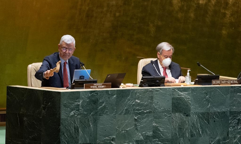 President of the 75th session of the United Nations General Assembly (UNGA) Volkan Bozkir (L) chairs the UNGA Interactive Dialogue to Commemorate and Promote the International Day of Multilateralism and Diplomacy for Peace at the UN headquarters in New York, on May 5, 2021.(Photo: Xinhua)