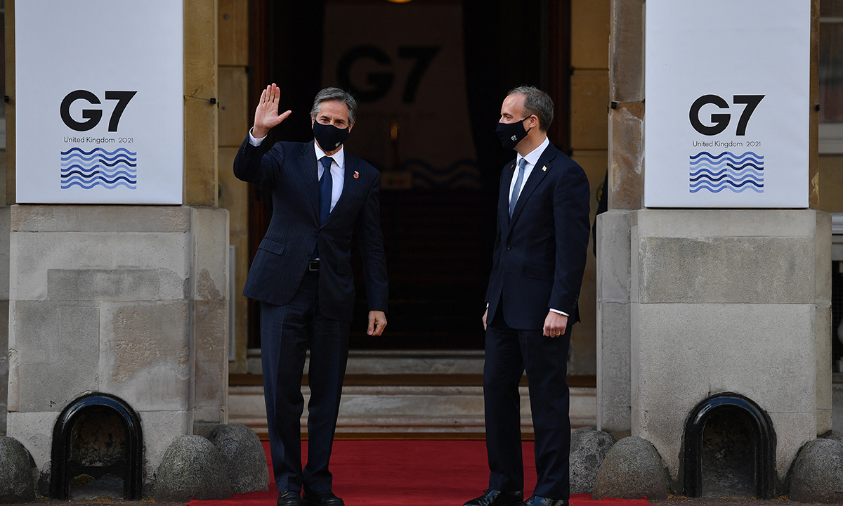 Britain's Foreign Secretary Dominic Raab (R) welcomes US Secretary of State Antony Blinken to the G7 foreign ministers meeting in London on Wednesday. Photo: AFP