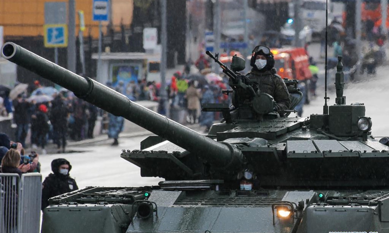 A soldier is seen on a military vehicle before a rehearsal of the Victory Day parade in Moscow, Russia, on May 4, 2021. Russia holds Victory Day parades in various cities on May 9.(Photo: Xinhua)
