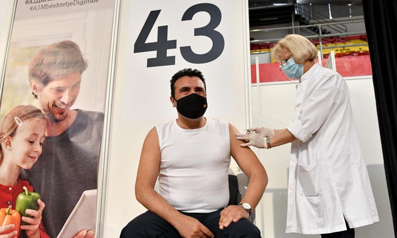 Prime Minister Zoran Zaev receives a dose of China's Sinopharm vaccine in Skopje, North Macedonia, on May 6, 2021.Photo:Xinhua