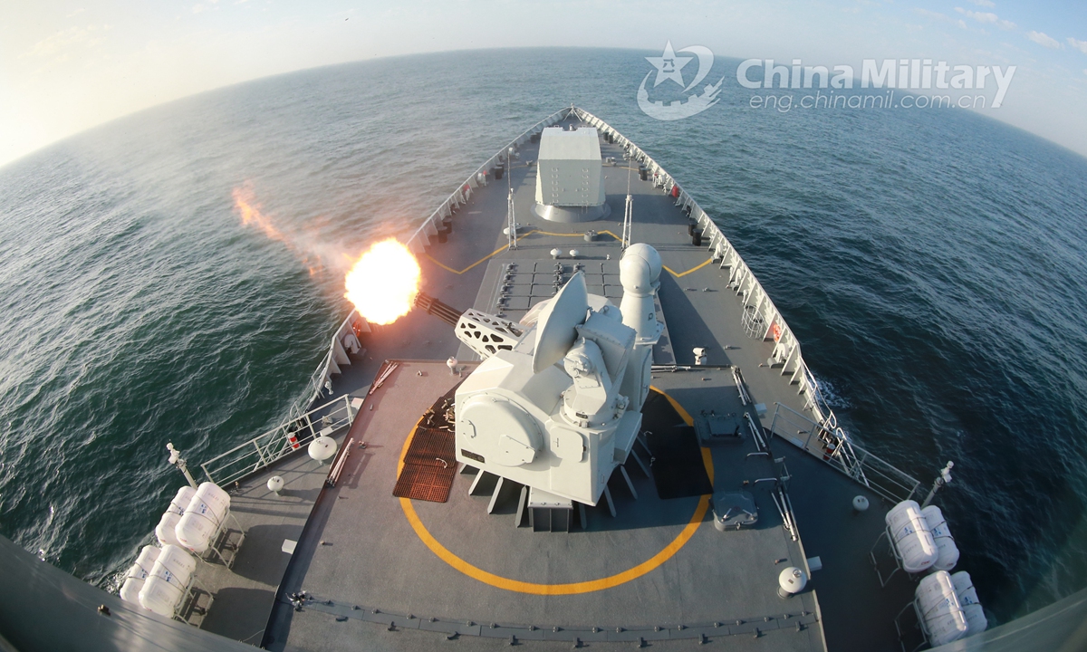 A vessel attached to a destroyer flotilla with the navy under the PLA Eastern Theater Command fires its close-in weapons system (CIWS) during the realistic training on April 23, 2021. Photo:China Military