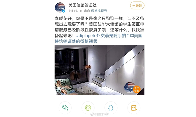 Deleted post from visa office of US embassy to China's Weibo account Photo: screenshot of Weibo