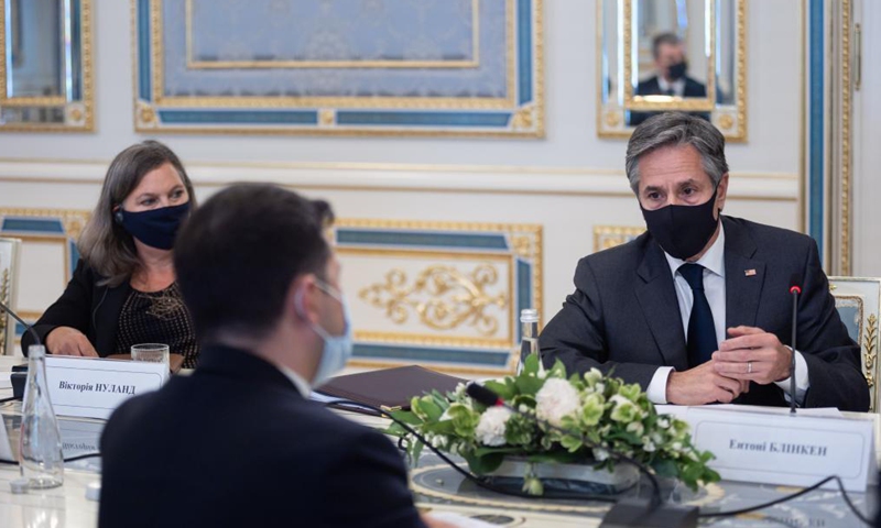 US Secretary of State Antony Blinken speaks during his meeting with Ukrainian President Volodymyr Zelensky in Kiev, capital of Ukraine, May 6, 2021. Ukrainian President Volodymyr Zelensky on Thursday discussed the security situation and reforms with visiting US Secretary of State Antony Blinken in Kiev, the president's press service said.Photo:Xinhua