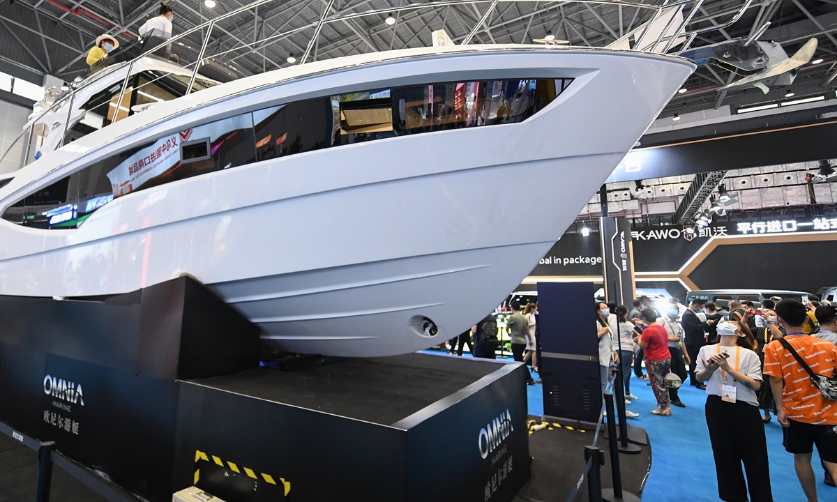 A yacht is on display at the China International Consumer Products Expo in Haikou, South China's Hainan Province on Friday. Photo: cnsphoto