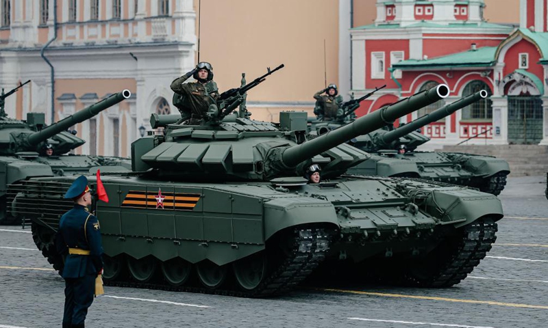 Servicemen are seen on military vehicles during a rehearsal of the Victory Day parade in Moscow, Russia, May 7, 2021. Russia will hold military parades across the country to commemorate the 76th anniversary of the Soviet victory in the Great Patriotic War on May 9.Photo:Xinhua
