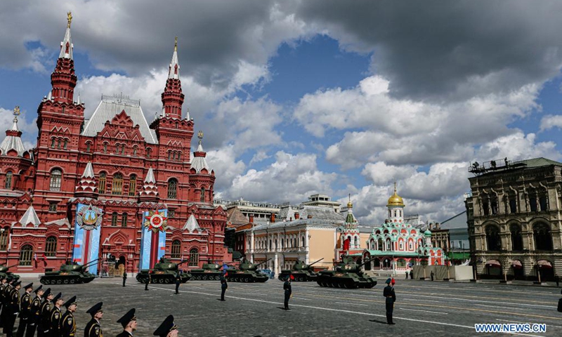 Military vehicles are seen during a rehearsal of the Victory Day parade in Moscow, Russia, May 7, 2021. Russia will hold military parades across the country to commemorate the 76th anniversary of the Soviet victory in the Great Patriotic War on May 9.Photo:Xinhua