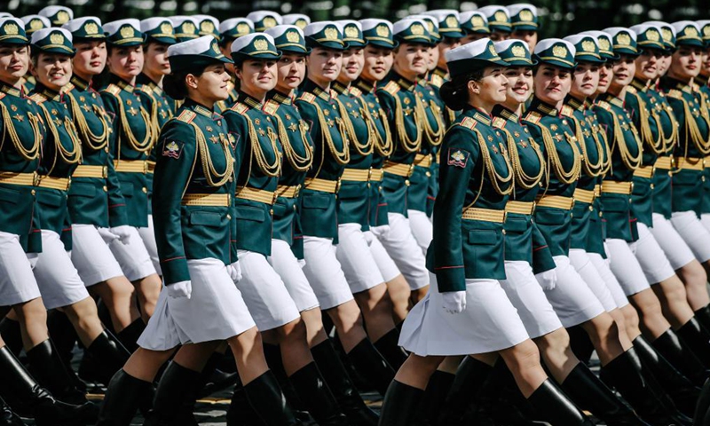 Servicewomen march during a rehearsal of the Victory Day parade in Moscow, Russia, May 7, 2021. Russia will hold military parades across the country to commemorate the 76th anniversary of the Soviet victory in the Great Patriotic War on May 9. Photo:Xinhua