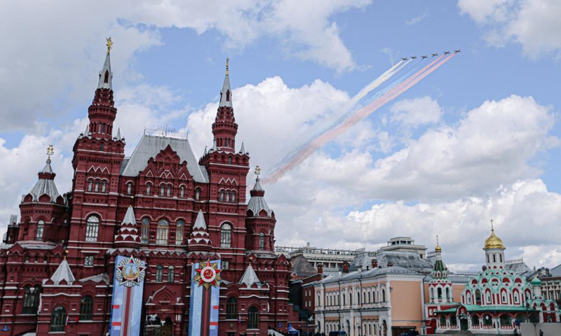 Jet aircrafts fly over the Red Square during a rehearsal of the Victory Day parade in Moscow, Russia, May 7, 2021. Russia will hold military parades across the country to commemorate the 76th anniversary of the Soviet victory in the Great Patriotic War on May 9.Photo:Xinhua