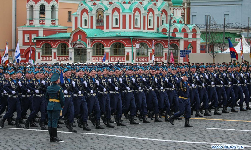 Servicemen march during the military parade marking the 76th anniversary of the Soviet victory in the Great Patriotic War, Russia's term for World War II, on Red Square in Moscow, Russia, May 9, 2021.   Photo: Xinhua
