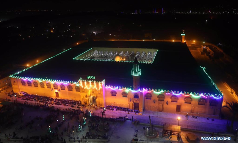Photo taken on May 8, 2021 shows the Amr Ibn Al-Aas mosque where Muslims perform Laylat al-Qadr night prayers during the Islamic holy month of Ramadan in Cairo, Egypt.(Photo: Xinhua)