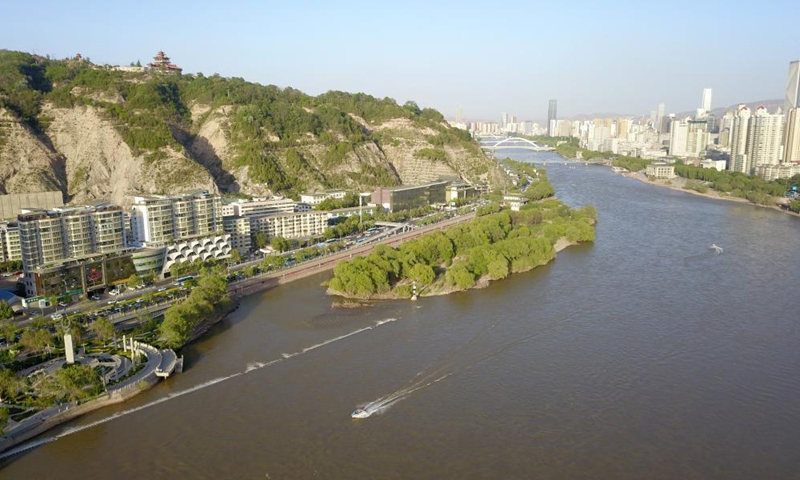 Aerial photo taken on May 8, 2021 shows a section of the Yellow River in Lanzhou, capital of northwest China's Gansu Province. Photo: Xinhua