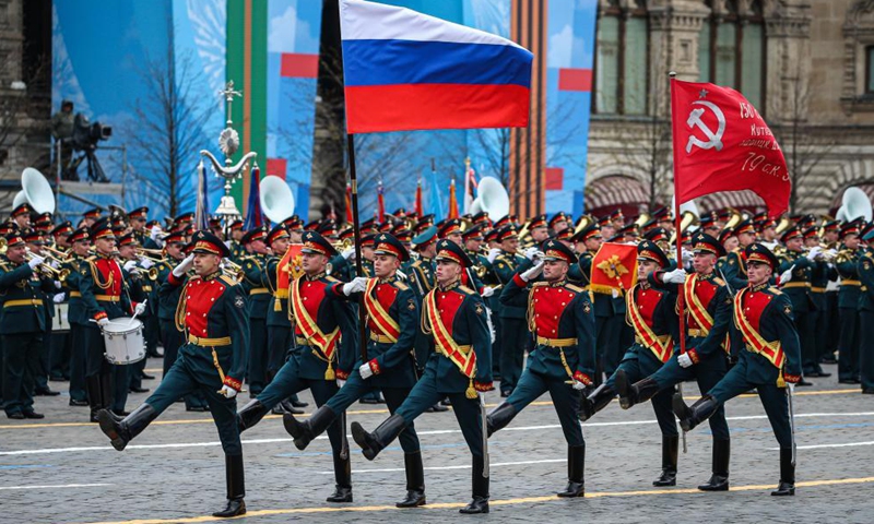 Servicemen march during the military parade marking the 76th anniversary of the Soviet victory in the Great Patriotic War, Russia's term for World War II, on Red Square in Moscow, Russia, May 9, 2021. Photo: Xinhua