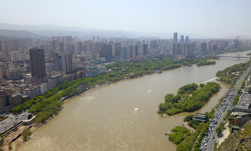 Aerial photo taken on May 8, 2021 shows a section of the Yellow River in Lanzhou, capital of northwest China's Gansu Province. Photo: Xinhua