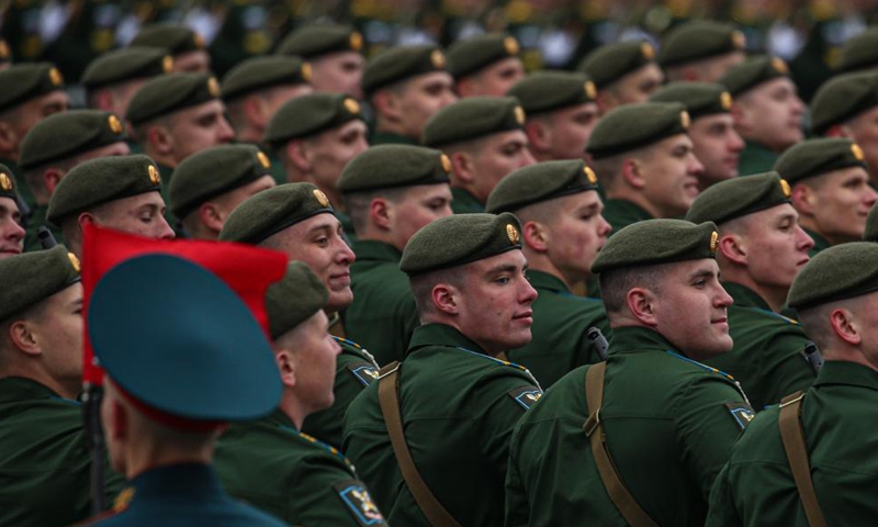 Servicemen march during the military parade marking the 76th anniversary of the Soviet victory in the Great Patriotic War, Russia's term for World War II, on Red Square in Moscow, Russia, May 9, 2021.  Photo: Xinhua