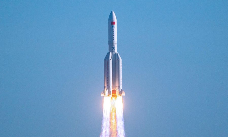 China's new large carrier rocket Long March-5B blasts off from Wenchang Space Launch Center in south China's Hainan Province, May 5, 2020. The Long March-5B made its maiden flight on Tuesday, sending the trial version of China's new-generation manned spaceship and a cargo return capsule for test into space. (Xinhua/Pu Xiaoxu)