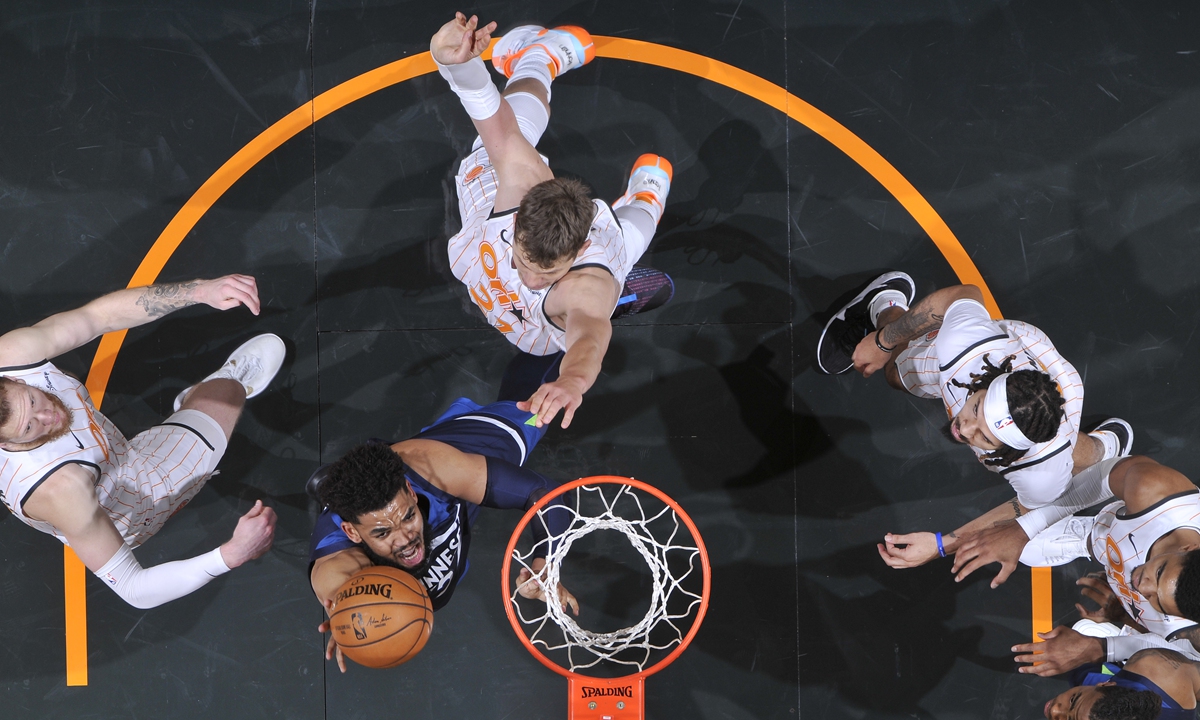 Karl-Anthony Towns of the Minnesota Timberwolves shoots the ball against the Orlando Magic on Sunday in Orlando, Florida. Photo: VCG