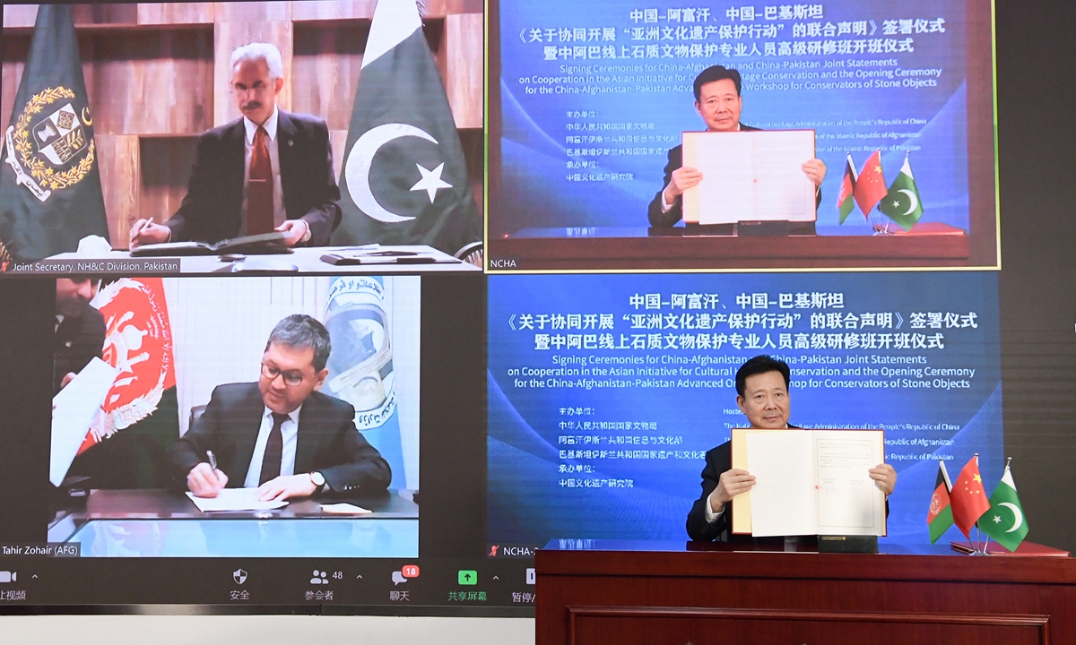 China, Afghanistan and Pakistan on Tuesday co-signed the first Asian bilateral cooperation agreements on Asian Cultural Heritage Protection during an online workshop. Photo: Courtesy of National Cultural Heritage Administration