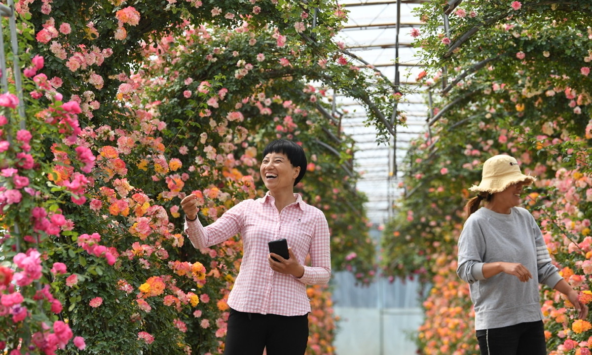 Two tourists enjoy the moonflower blossoms in Daxing District, Beijing on Tuesday, as the city embraces its annual Chinese rose culture festival. Photo: IC

