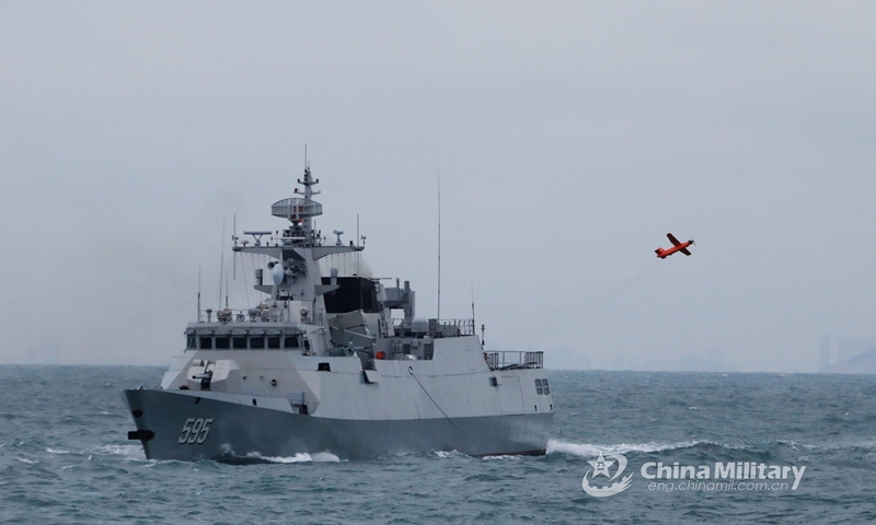 The guided-missile frigate Chaozhou (Hull 595) attached to a naval frigate flotilla under the Eastern Theater Command releases the target aircraft during a combat training on April 29, 2021.(Photo: eng.chinamil.com.cn)