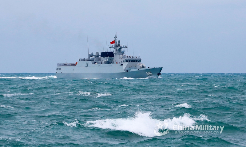 The guided-missile frigate Chaozhou (Hull 595) attached to a naval frigate flotilla under the Eastern Theater Command speeds through wind and waves during a combat training on April 29, 2021.(Photo: eng.chinamil.com.cn)