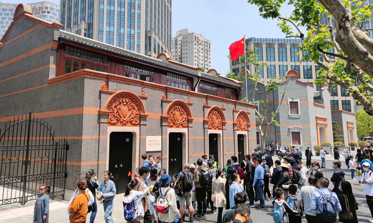 Tourists in front of the site of the first National Congress of the Communist Party of China in Shanghai on May 3. Photo: VCG