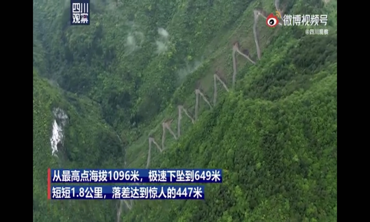 The high mountain pass is 1,096 meters above sea level and is located on a steep incline of over 80 degrees. It climbs sharply via 21 hairpins tightly stacked one on top of another over a length of just 1.8 kilometers. Photo: Sina Weibo