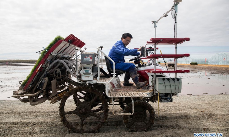 A staff member inspects an unmanned transplanter in a smart agriculture demonstration zone administered by Hongwei Farm Co., Ltd. of Beidahuang Group in northeast China's Heilongjiang Province, May 11, 2021. Equipped with a self-driving system based on the Beidou Navigation Satellite System (BDS), the smart transplanter can independently finish rice transplanting, avoid obstacles and turn around when needed.(Photo: Xinhua)