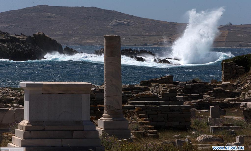 Part of the archaeological site of the island Delos is seen in Delos, Greece, on May 10, 2021. Delos, once a booming trading center in the middle of the Aegean Sea near Mykonos, is a UNESCO world heritage with a history of 5,000 years. It is one of the most important mythological, historical and archaeological sites in Greece.(Photo: Xinhua)