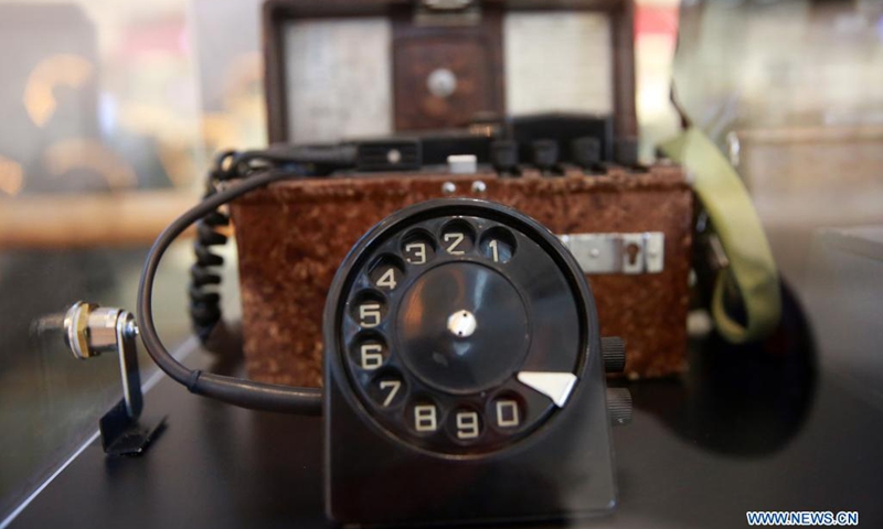 Photo taken on May 12, 2021 shows an obsolete military telephone displayed at a shopping mall in Bucharest, Romania. A 14-day telecommunication device show was held here to mark the World Telecommunication and Information Society Day, which falls on May 17 annually. The show will last utill May 23.(Photo: Xinhua)