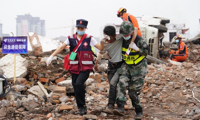 Rescue team members participate in an earthquake drill in Yucheng District, Ya'an City of southwest China's Sichuan Province, May 14, 2021. Photo:Xinhua