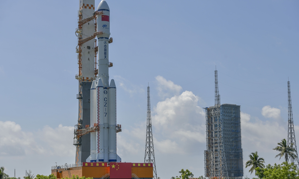 Photo taken on May 16, 2021 shows the combination of the Tianzhou-2 cargo spacecraft and the Long March-7 Y3 carrier rocket being transferred to the launching area of the Wenchang Spacecraft Launch Site in south China's Hainan Province. The facilities and equipment at the launch site are in good condition, while various pre-launch function checks and joint tests will be carried out as planned, according to the China Manned Space Agency. Photo: VCG