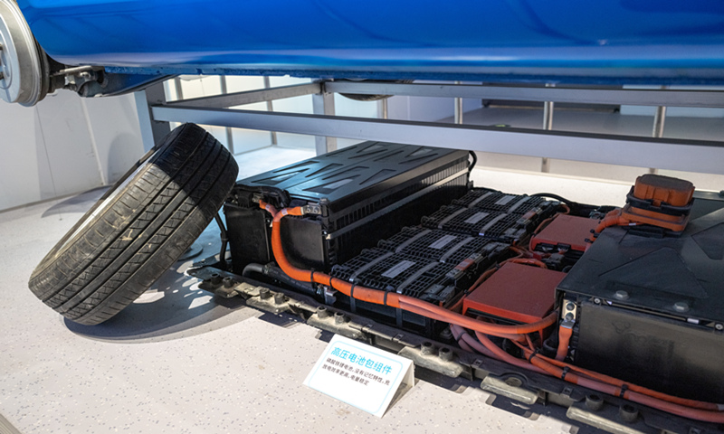 Components of high-voltage battery pack of a Roewe NEV are seen in East China's Fujian Province, February 19, 2021. Photo: VCG