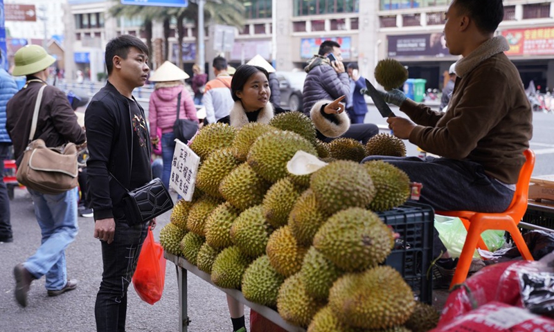 People buy durians from a Vietnamese vendor at Wanzhong International Wholesale Market in Dongxing, south China's Guangxi Zhuang Autonomous Region, Dec. 27, 2019.(Photo: Xinhua)