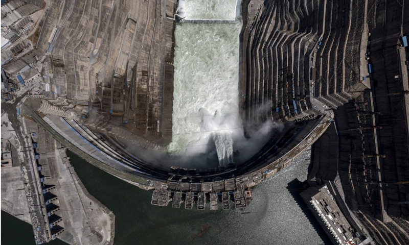 Aerial photo taken on May 13, 2021 shows the view of the Baihetan hydropower station under construction in southwest China.(Photo: Xinhua)