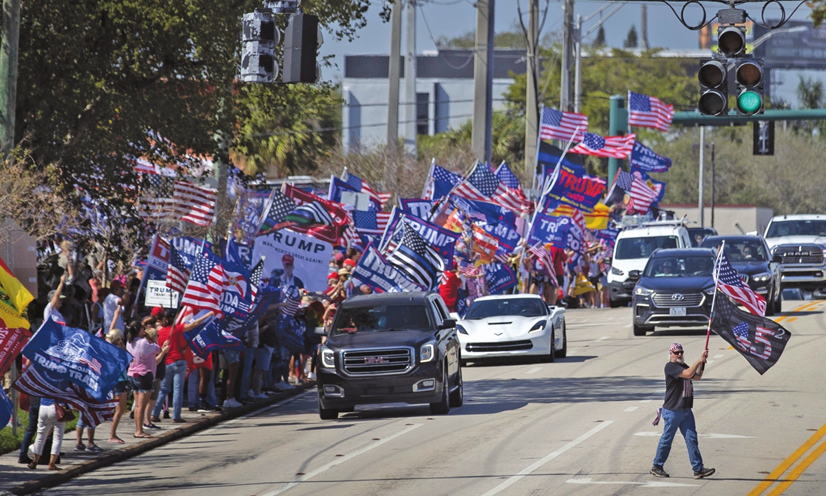 Supporters of former president Donald Trump gather along Southern Blvd near Trump's Mar-a-Lago home in West Palm Beach, Florida, the US, on February 15. Photo: VCG