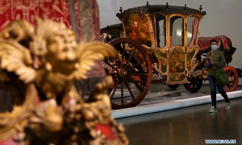 A woman visits the National Coach Museum in Lisbon, Portugal, on May 18, 2021. Portugal marked International Museum Day on Tuesday with guided tours, workshops and free admission to all museums.(Photo: Xinhua)