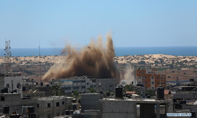 Photo taken on May 19, 2021 shows explosions following Israeli airstrikes in the southern Gaza Strip city of Rafah. Five Palestinians, including a local journalist, were killed on Wednesday in a fresh round of Israeli airstrikes on the Gaza Strip that have been going on for 10 days, medics said.(Photo: Xinhua)