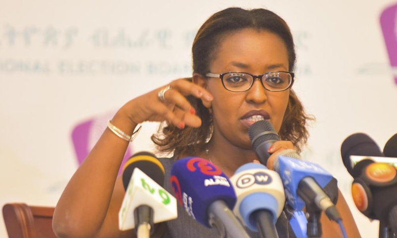 Solyana Shimelis, spokeswoman of the National Electoral Board of Ethiopia, speaks during a press conference in Addis Ababa, Ethiopia, May 20, 2021.Photo:Xinhua