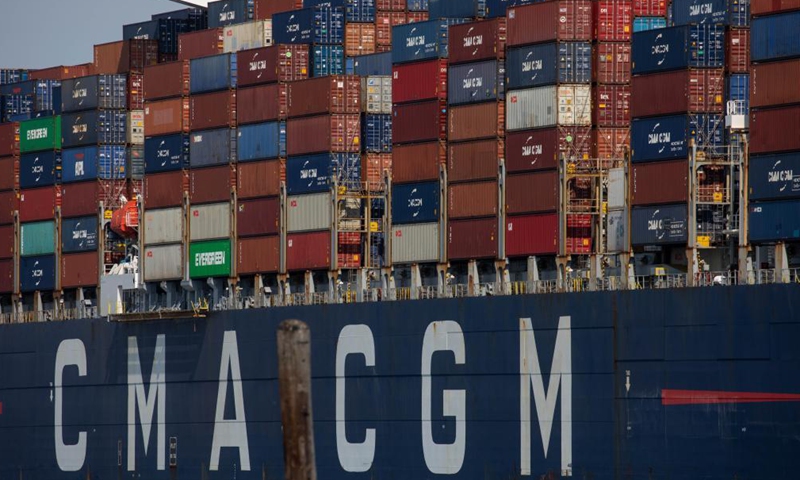 CMA CGM Marco Polo container ship travels in the New York Harbor, the United States, on May 20, 2021. The U.S. East Coast witnessed the arrival of the record-breaking container ship on Thursday morning amid booming international shipping business. .(Photo:Xinhua) 