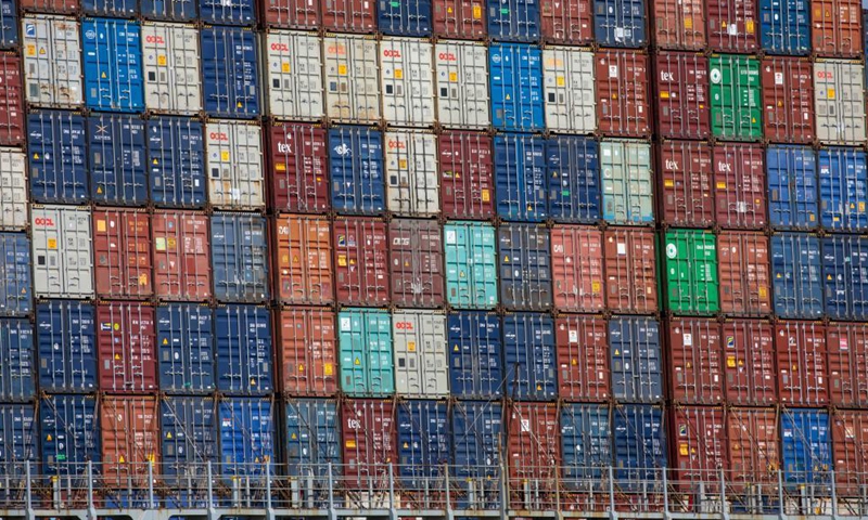 Containers on CMA CGM Marco Polo container ship are seen as it travels in the New York Harbor, the United States, on May 20, 2021.(Photo:Xinhua) 