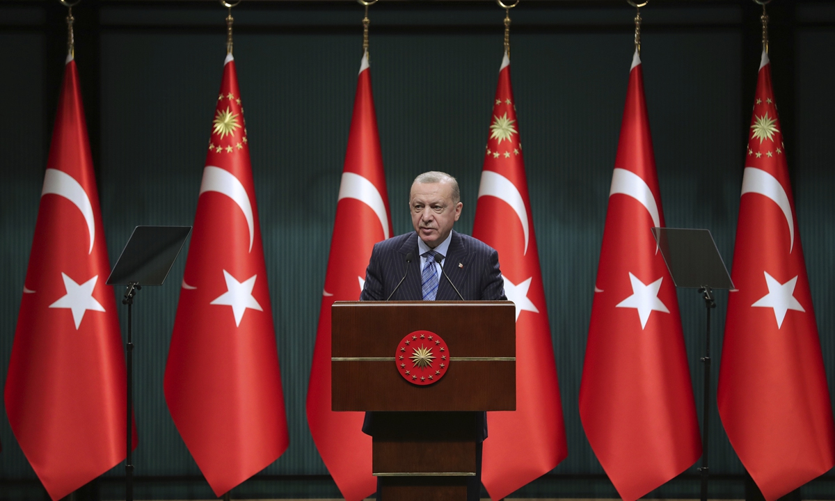 Turkey's President Recep Tayyip Erdogan talks following his cabinet meeting in Ankara, Turkey, Monday, May 17, 2021. Photo: VCG